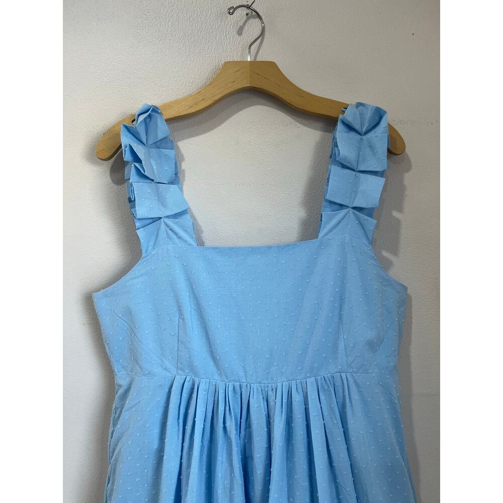 LAKE Light Blue Swiss Dot Smocked Midi Dress Ruffle Strap Cottagecore Coquette L - Picture 6 of 9